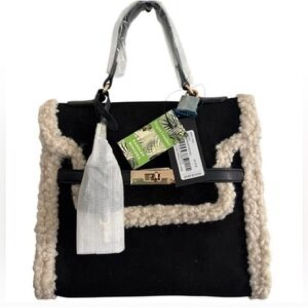 Badgley Mischka Faux Fur Border Black and Cream Satchel